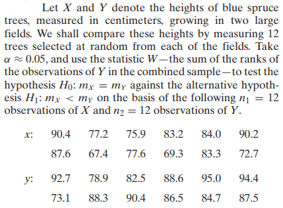 Let X and Y denote the heights of blue spruce
trees, measured in centimeters, growing in two large
fields. We shall compare these heights by measuring 12
trees selected at random from each of the fields. Take
a ≈ 0.05, and use the statistic W-the sum of the ranks of
the observations of Y in the combined sample-to test the
hypothesis Ho: mx = my against the alternative hypoth-
esis H₁: mx < my on the basis of the following n₁ = 12
observations of X and n₂ = 12 observations of Y.
x: 90.4 77.2 75.9 83.2 84.0
90.2
87.6
67.4
77.6
69.3
83.3
72.7
y:
92.7
78.9
82.5
88.6
95.0
94.4
73.1 88.3 90.4
86.5 84.7
87.5