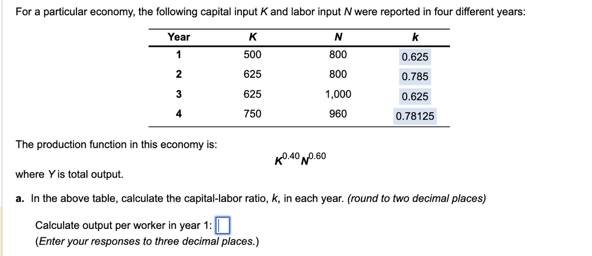 For a particular economy, the following capital input K and labor input N were reported in four different years:
Year
K
N
k
1
500
800
0.625
2
625
800
0.785
3
625
1,000
0.625
4
750
960
0.78125
The production function in this
economy
is:
K0.40 0.60
01060
where Y is total output.
a. In the above table, calculate the capital-labor ratio, k, in each year. (round to two decimal places)
Calculate output per worker in year 1:
(Enter your responses to three decimal places.)