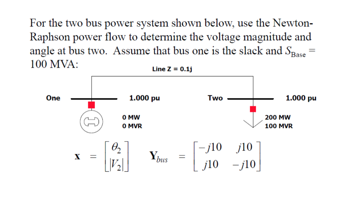 For the two bus power system shown below, use the Newton-
Raphson power flow to determine the voltage magnitude and
angle at bus two. Assume that bus one is the slack and SBase =
%3D
100 MVA:
Line Z = 0.1j
One
1.000 pu
Two
1.000 pu
200 MW
O MW
O MVR
100 MVR
O2
– j10 j10
Ypus
X
j10 -j10
