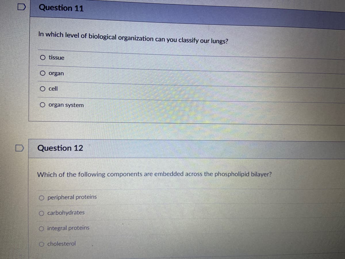 Question 11
In which level of biological organization can you classify our lungs?
O tissue
O organ
O cell
O organ system
Question 12
Which of the following components are embedded across the phospholipid bilayer?
O peripheral proteins
O carbohydrates
O integral proteins
O cholesterol
