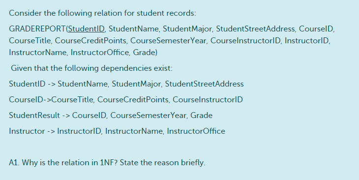 Consider the following relation for student records:
GRADEREPORT(StudentID, StudentName, StudentMajor, StudentStreetAddress, CourselD,
CourseTitle, CourseCreditPoints, CourseSemesterYear, CourselnstructorID, InstructorID,
InstructorName, InstructorOffice, Grade)
Given that the following dependencies exist:
StudentID -> StudentName, StudentMajor, StudentStreetAddress
CourselD->CourseTitle, CourseCreditPoints, CourselnstructorID
StudentResult -> CourselD, CourseSemesterYear, Grade
Instructor -> InstructorID, InstructorName, InstructorOffice
A1. Why is the relation in 1NF? State the reason briefly.
