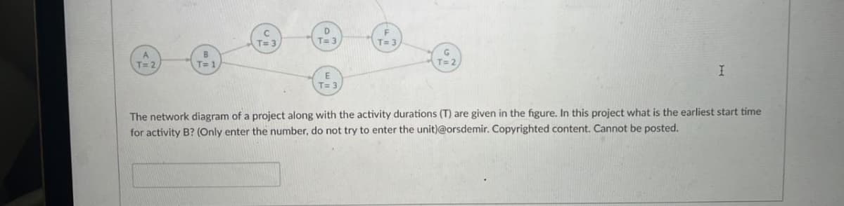 A
T= 2
B
T=1
D
T= 3
T=
I
The network diagram of a project along with the activity durations (T) are given in the figure. In this project what is the earliest start time
for activity B? (Only enter the number, do not try to enter the unit)@orsdemir. Copyrighted content. Cannot be posted.