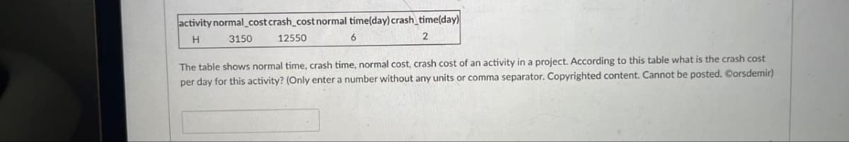 activity normal_cost crash_cost normal time(day) crash_time(day)
H
3150
12550
2
6
The table shows normal time, crash time, normal cost, crash cost of an activity in a project. According to this table what is the crash cost
per day for this activity? (Only enter a number without any units or comma separator. Copyrighted content. Cannot be posted. Corsdemir)