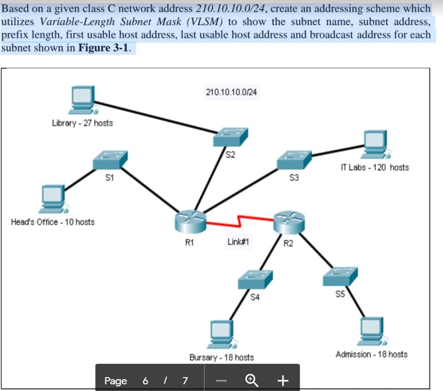 Based on a given class C network address 210.10.10.0/24, create an addressing scheme which
utilizes Variable-Length Subnet Mask (VLSM) to show the subnet name, subnet address,
prefix length, first usable host address, last usable host address and broadcast address for each
subnet shown in Figure 3-1.
210.10.10.0/24
Library - 27 hosts
S2
IT Labs - 120 hosts
S1
S3
Head's Office - 10 hosts
R1
Link#1
R2
S4
S5
Bursary - 18 hosts
Admission - 18 hosts
Page
6 I 7
Q +

