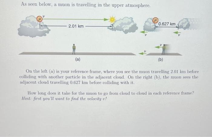 As seen below, a muon is travelling in the upper atmosphere.
2.01 km
0.627 km
(a)
On the left (a) is your reference frame, where you see the muon travelling 2.01 km before
colliding with another particle in the adjacent cloud. On the right (b), the muon sees the
adjacent cloud travelling 0.627 km before colliding with it.
(b)
How long does it take for the muon to go from cloud to cloud in each reference frame?
Hint: first you'll want to find the velocity v!
