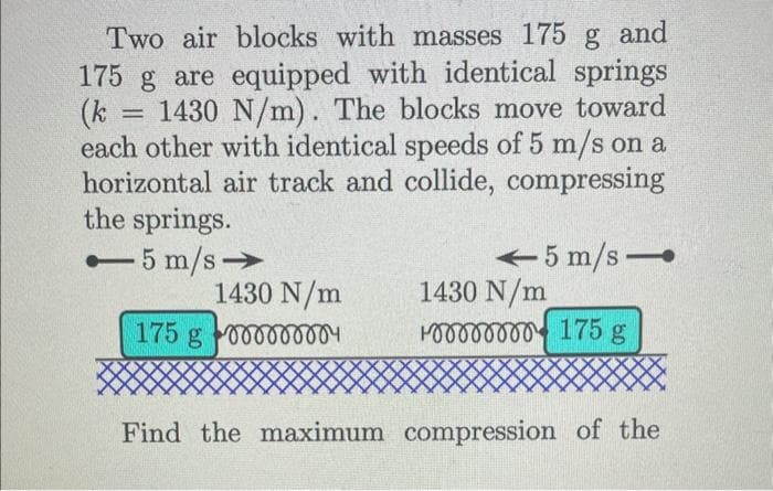 Two air blocks with masses 175 g and
175 g are equipped with identical springs
1430 N/m). The blocks move toward
each other with identical speeds of 5 m/s on a
horizontal air track and collide, compressing
the springs.
-5 m/s->>
=
1430 N/m
175 g 000000004
←5 m/s-
1430 N/m
Horror 175 g
Find the maximum compression of the