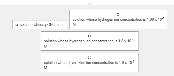 ::
solution whose hydrogen ion concentration is 1.00 x 10-8
:: solution whose pOH is 5.00
M
::
solution whose hydrogen ion concentration is 1.0 x 10-12
M
::
solution whose hydroxide ion concentration is 1.0 x 10-2
M

