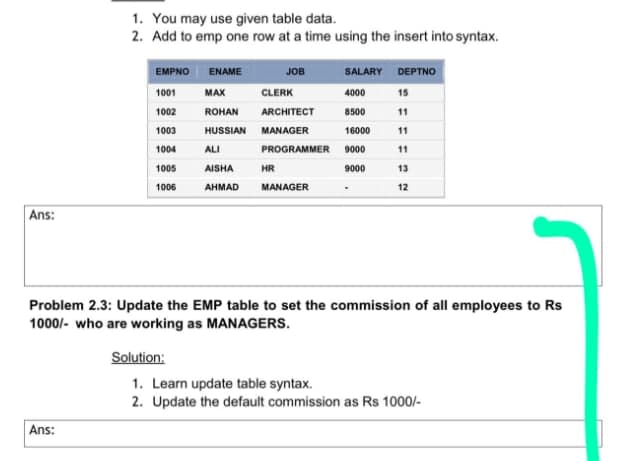 1. You may use given table data.
2. Add to emp one row at a time using the insert into syntax.
EMPNO ENAME
JOB
SALARY DEPTNO
1001
MAX
CLERK
4000
15
1002
ROHAN
ARCHITECT
8500
11
1003
HUSSIAN MANAGER
16000
11
1004
ALI
PROGRAMMER 9000
11
1005
AISHA
HR
9000
13
1006
АНМAD
MANAGER
12
Ans:
Problem 2.3: Update the EMP table to set the commission of all employees to Rs
1000/- who are working as MANAGERS.
Solution:
1. Learn update table syntax.
2. Update the default commission as Rs 1000/-
Ans:
