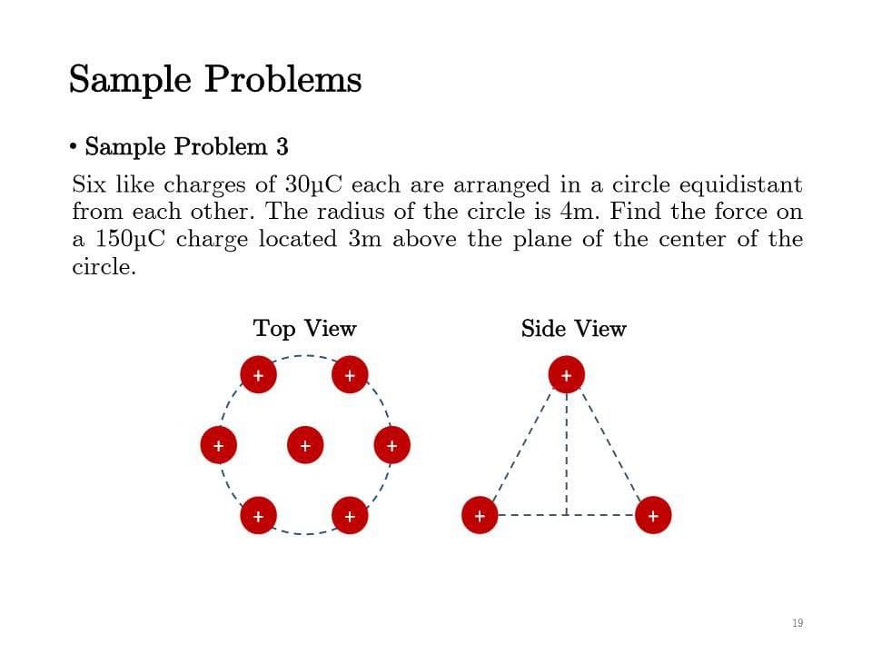 Sample Problems
• Sample Problem 3
Six like charges of 30μC each are arranged in a circle equidistant
from each other. The radius of the circle is 4m. Find the force on
a 150µC charge located 3m above the plane of the center of the
circle.
+
Top View
+
7
+
+
+
+
Side View
+
19