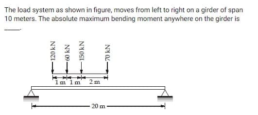 The load system as shown in figure, moves from left to right on a girder of span
10 meters. The absolute maximum bending moment anywhere on the girder is
120 kN
60 kN
-150 KN
1m 1m
2m
70 kN
20 m