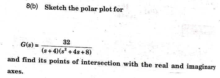 8(b) Sketch the polar plot for
32
G(s) =
(s+4)(s +4s +8)
and find its points of intersection with the real and imaginary
axes.
