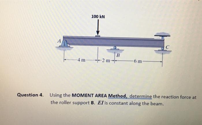 100 kN
A
4 m
-2 m-
6 m
Question 4. Using the MOMENT AREA Method, determine the reaction force at
the roller support B. EI is constant along the beam.
