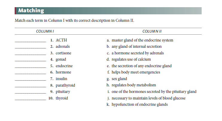 Matching
Match each term in Column I with its correct description in Column II.
COLUMN I
COLUMN II
1. АСТH
a. master gland of the endocrine system
2. adrenals
b. any gland of internal secretion
c. a hormone secreted by adrenals
3. cortisone
4. gonad
d. regulates use of calcium
5. endocrine
e. the secretion of any endocrine gland
f. helps body meet emergencies
g. sex gland
6. hormone
7. insulin
8. parathyroid
h. regulates body metabolism
i. one of the hormones secreted by the pituitary gland
j. necessary to maintain levels of blood glucose
k. hypofunction of endocrine glands
9. pituitary
10. thyroid
