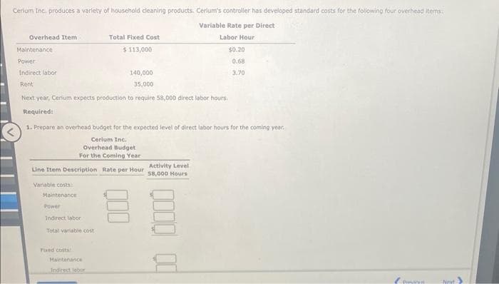 Cerium Inc. produces a variety of household cleaning products. Cerium's controller has developed standard costs for the following four overhead items
Variable Rate per Direct
Labor Hour
Overhead Item
Maintenance
Power
Indirect labor
Rent
140,000
35,000
Next year, Cenum expects production to require 58,000 direct labor hours.
Required:
Total Fixed Cost
$113,000
1. Prepare an overhead budget for the expected level of direct labor hours for the coming year.
Cerium Inc.
Overhead Budget
For the Coming Year
Line Item Description Rate per Hour
Variable costs:
Maintenance
Power
Indirect labor
Total variable cost
Fixed costs
Maintenance
Indirect labor
$0.20
0.68
3.70
Activity Level
58,000 Hours
00 0.000
Protnie
Newt