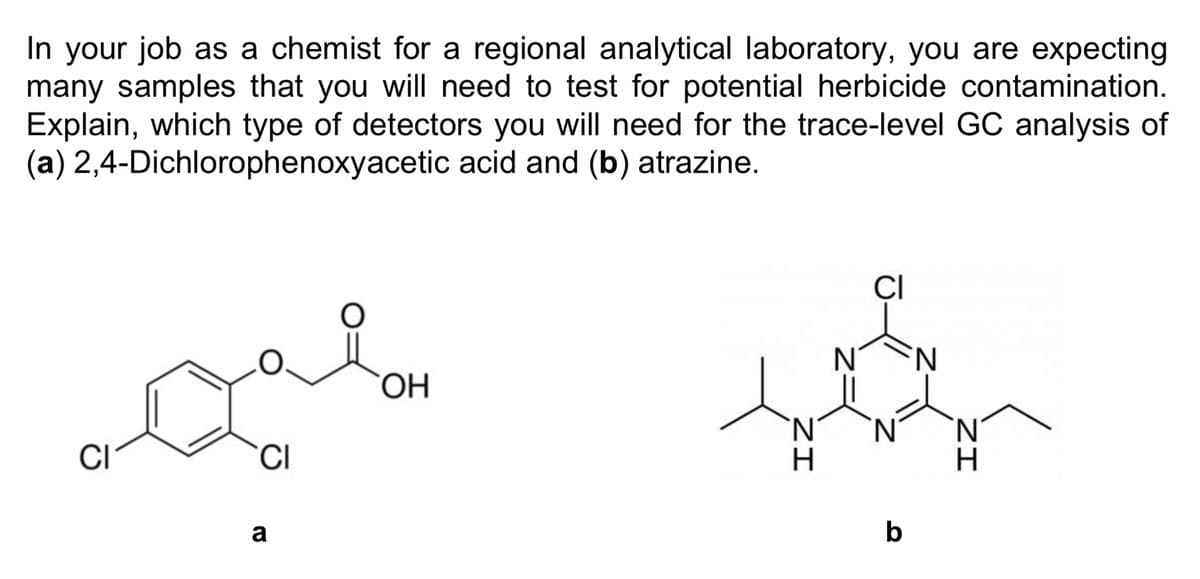 In your job as a chemist for a regional analytical laboratory, you are expecting
many samples that you will need to test for potential herbicide contamination.
Explain, which type of detectors you will need for the trace-level GC analysis of
(a) 2,4-Dichlorophenoxyacetic acid and (b) atrazine.
ÇI
N°
ОН
'N'
N'
CI
CI
a
b
ZI
