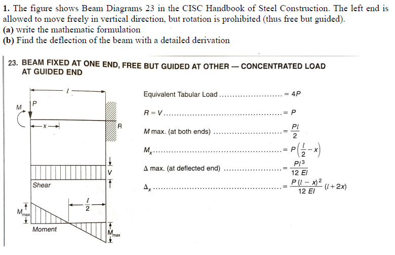 1. The figure shows Beam Diagrams 23 in the CISC Handbook of Steel Construction. The left end is
allowed to move freely in vertical direction, but rotation is prohibited (thus free but guided).
(a) write the mathematic formulation
(b) Find the deflection of the beam with a detailed derivation
23. BEAM FIXED AT ONE END, FREE BUT GUIDED AT OTHER-CONCENTRATED LOAD
AT GUIDED END
M
Shear
Max
Moment
72
M.
R
max
Equivalent Tabular Load.
R=V
M max. (at both ends)
Mx.
A max. (at deflected end)
Ax
= 4P
= P
PL
2
= P(-1/2-x)
P13
12 El
P(1-x) ²
12 EI
-(1+2x)