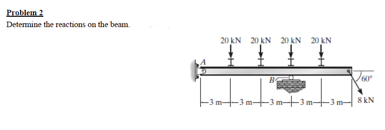 Problem 2
Determine the reactions on the beam.
20 kN 20 kN 20 kN 20 kN
m-
-3 m
I
B
I
-3 m-3 m-
-3 m-
60°
8 kN
