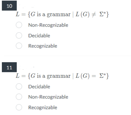 10
L = {G is a grammar | L (G) ‡ Σ*}
O
Non-Recognizable
11
Decidable
Recognizable
L = {G is a grammar | L (G) = Σ*}
Decidable
O
Non-Recognizable
Recognizable