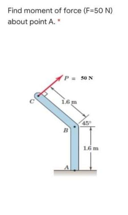 Find moment of force (F=50 N)
about point A. *
P 50 N
1.6 m
45°
B
1.6 m
