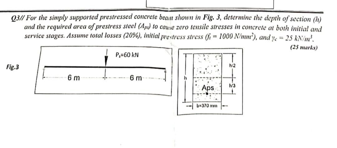 Q3// For the simply supported prestressed concrete beam shown in Fig. 3, determine the depth of section (h)
and the required area of prestress steel (Aps) to cause zero tensile stresses in concrete at both initial and
service stages. Assume total losses (20%), initial prestress stress (fi= 1000 N/mm²), and ye = 25 kN/m³.
P₁=60 kN
(25 marks)
h/2
Fig.3
6 m
6 m
h/3
Aps
b=370 mm