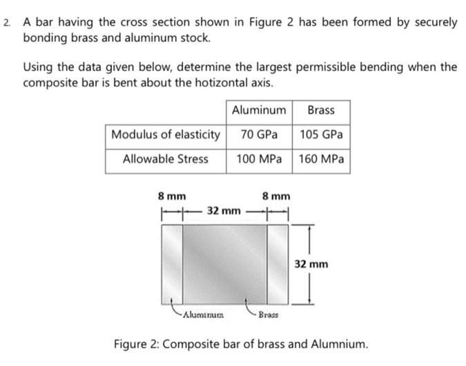 2. A bar having the cross section shown in Figure 2 has been formed by securely
bonding brass and aluminum stock.
Using the data given below, determine the largest permissible bending when the
composite bar is bent about the hotizontal axis.
Aluminum
70 GPa
100 MPa
Modulus of elasticity
Allowable Stress
8 mm
32 mm
-Aluminum
8 mm
Brass
Brass
105 GPa
160 MPa
32 mm
Figure 2: Composite bar of brass and Alumnium.