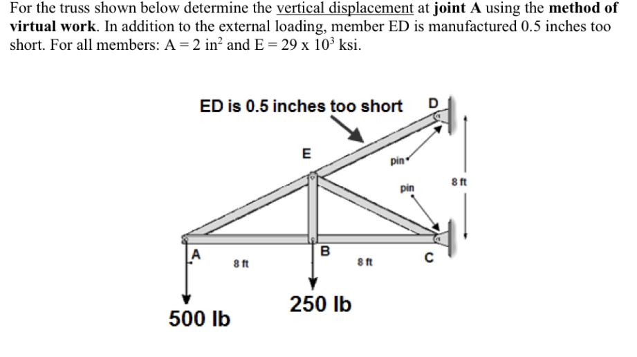 For the truss shown below determine the vertical displacement at joint A using the method of
virtual work. In addition to the external loading, member ED is manufactured 0.5 inches too
short. For all members: A = 2 in² and E = 29 x 10³ ksi.
ED is 0.5 inches too short
A
500 lb
8 ft
E
B
250 lb
8 ft
pin
pin
с
8 ft