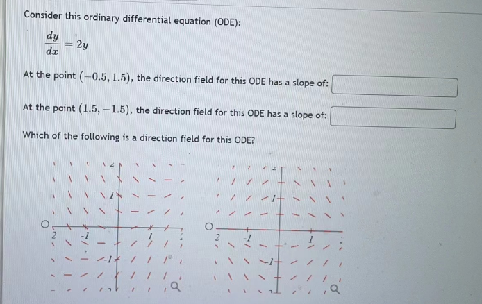 Consider this ordinary differential equation (ODE):
dy
dx
At the point (-0.5, 1.5), the direction field for this ODE has a slope of:
At the point (1.5, -1.5), the direction field for this ODE has a slope of:
Which of the following is a direction field for this ODE?
XX
2y
//
1
12
\\\.1*
2-1 /
//
1
NA
7/