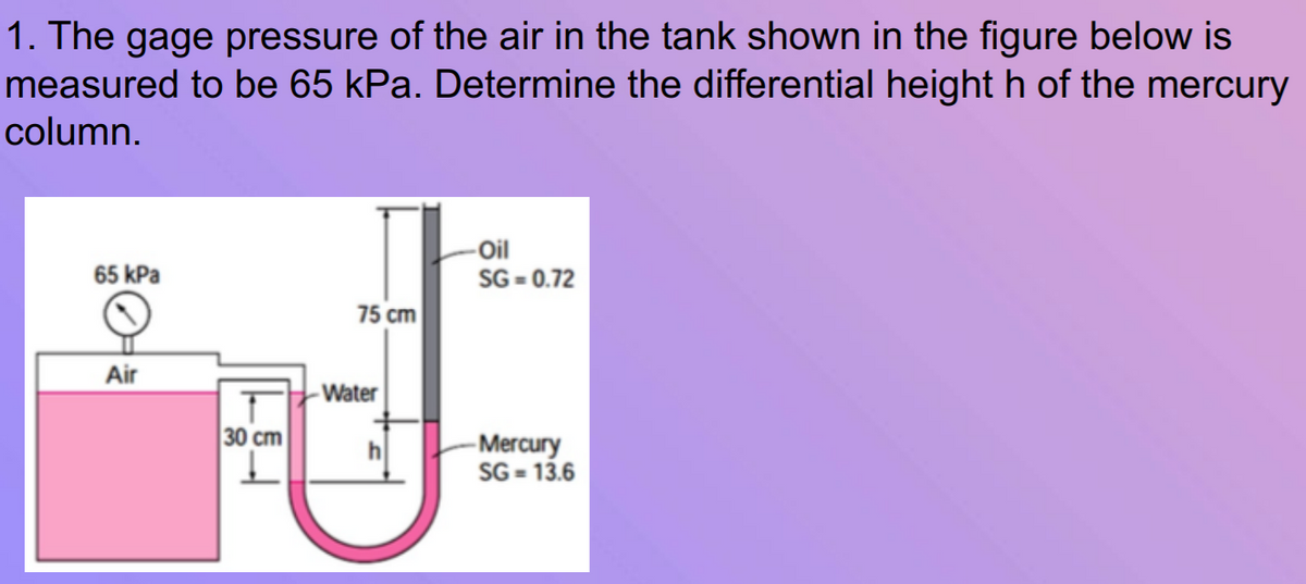 1. The gage pressure of the air in the tank shown in the figure below is
measured to be 65 kPa. Determine the differential height h of the mercury
column.
- Oil
SG = 0.72
65 kPa
75 cm
Air
Water
30 cm
-Mercury
SG = 13.6
h

