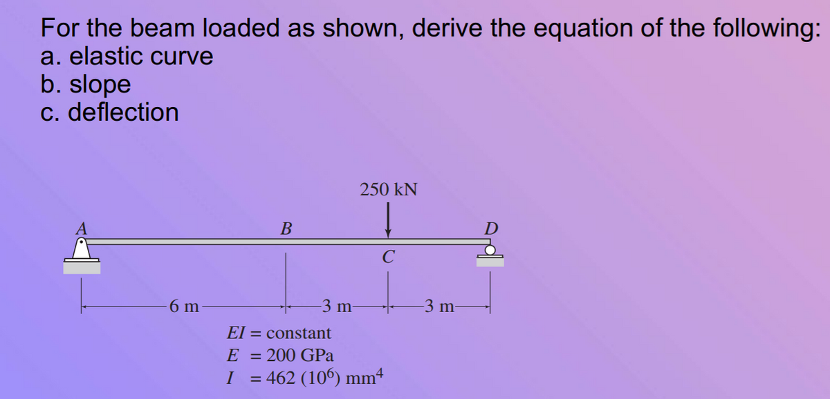 For the beam loaded as shown, derive the equation of the following:
a. elastic curve
b. slope
c. deflection
250 kN
В
6 m
-3 m-
3 m-
El = constant
= 200 GPa
462 (106) mm4
E
I
%3D
