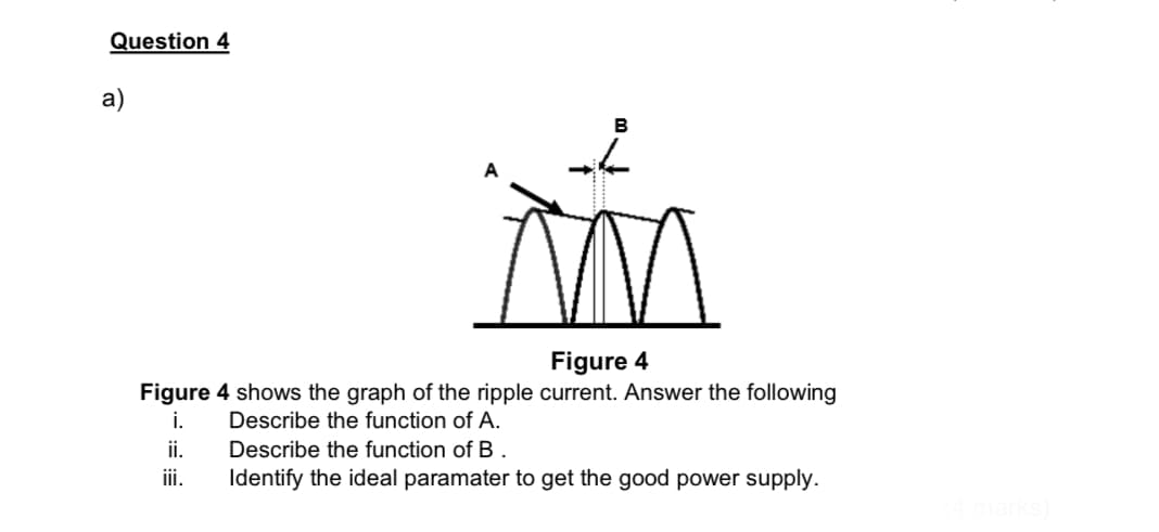 Question 4
a)
B
M
Figure 4
Figure 4 shows the graph of the ripple current. Answer the following
i.
Describe the function of A.
ii.
iii.
Describe the function of B.
Identify the ideal paramater to get the good power supply.
