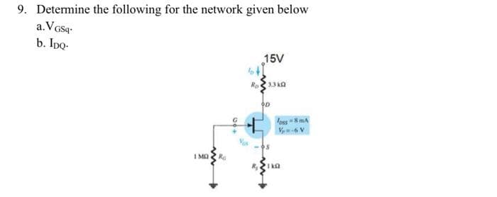 9. Determine the following for the network given below
a.VGSq-
b. Ipo-
15V
33kQ
foss mA
I MA Re
