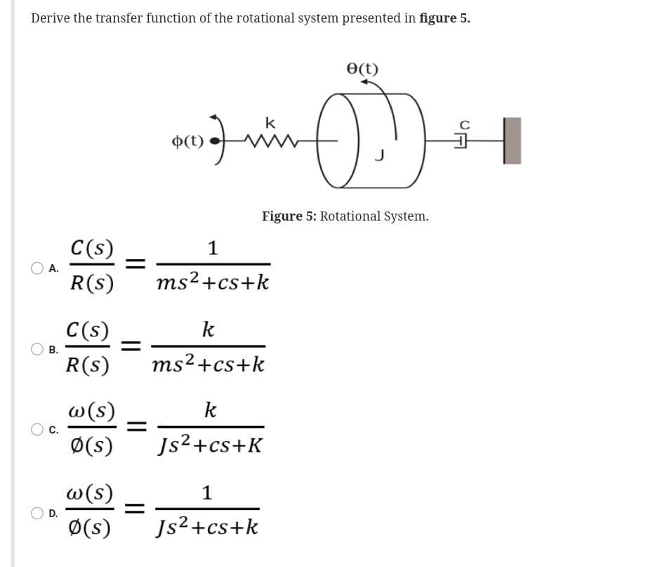 Derive the transfer function of the rotational system presented in figure 5.
e(t)
k
O(t)
Figure 5: Rotational System.
C(s)
1
А.
R(s)
ms2+cs+k
C(s)
k
В.
R(s)
ms2+cs+k
w(s)
k
С.
Ø(s)
Js2+cs+K
w(s)
1
D.
Ø(s)
Js²+cs+k
