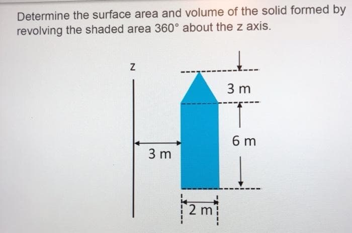 Determine the surface area and volume of the solid formed by
revolving the shaded area 360° about the z axis.
3 m
6 m
3 m
2 m
