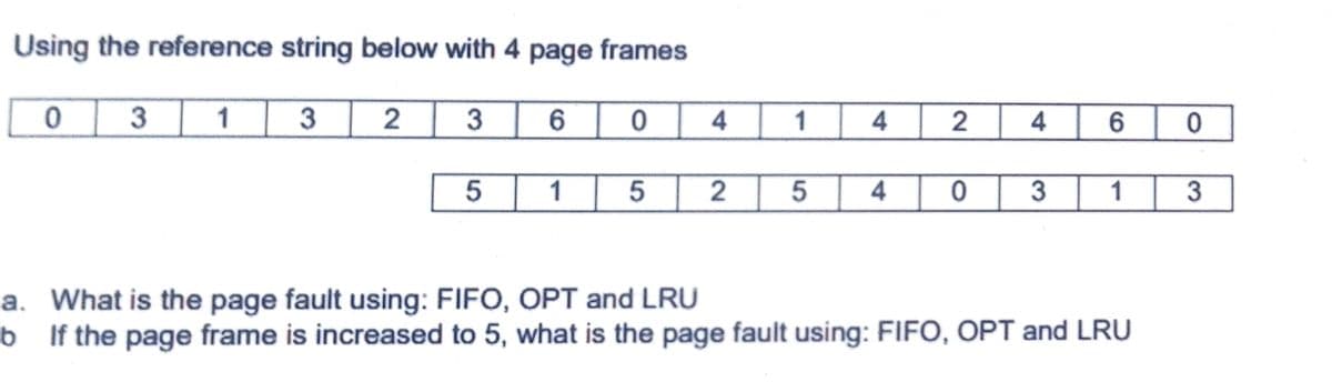 Using the reference string below with 4 page frames
0 | 3 | 1 |
3
2
3
6
4
1
4
1
3
1
3
a. What is the page fault using: FIFO, OPT and LRU
6 If the page frame is increased to 5, what is the page fault using: FIFO, OPT and LRU
2.
4,
4)

