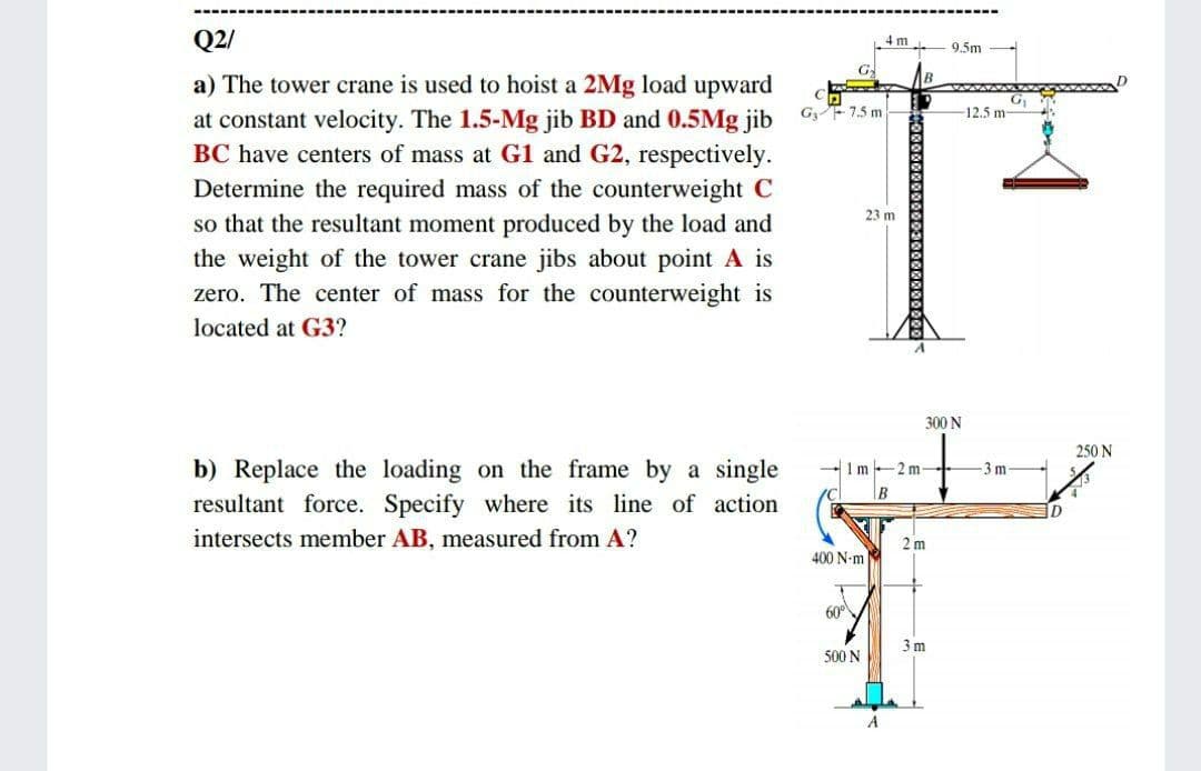 Q2/
4 m
9.5m
G,
a) The tower crane is used to hoist a 2Mg load upward
G E 7.5 m
-12.5 m-
at constant velocity. The 1.5-Mg jib BD and 0.5Mg jib
BC have centers of mass at G1 and G2, respectively.
Determine the required mass of the counterweight C
so that the resultant moment produced by the load and
23 m
the weight of the tower crane jibs about point A is
zero. The center of mass for the counterweight is
located at G3?
300 N
250 N
b) Replace the loading on the frame by a single
1 m2 m-
-3 m
B
resultant force. Specify where its line of action
intersects member AB, measured from A?
2 m
400 N-m
60°
3 m
500 N
