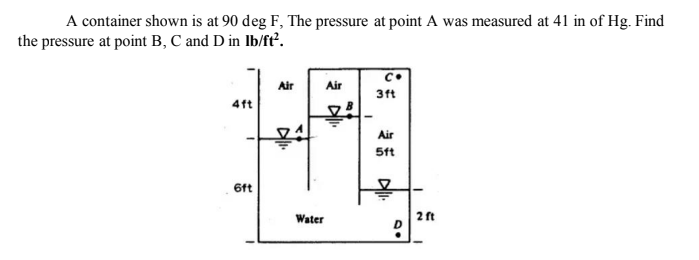 A container shown is at 90 deg F, The pressure at point A was measured at 41 in of Hg. Find
the pressure at point B, C and D in Ib/ft’.
Air
Air
3ft
4ft
Air
5ft
6tt
Water
2 ft
