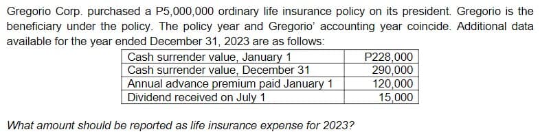 Gregorio Corp. purchased a P5,000,000 ordinary life insurance policy on its president. Gregorio is the
beneficiary under the policy. The policy year and Gregorio' accounting year coincide. Additional data
available for the year ended December 31, 2023 are as follows:
Cash surrender value, January 1
Cash surrender value, December 31
Annual advance premium paid January 1
Dividend received on July 1
What amount should be reported as life insurance expense for 2023?
P228,000
290,000
120,000
15,000