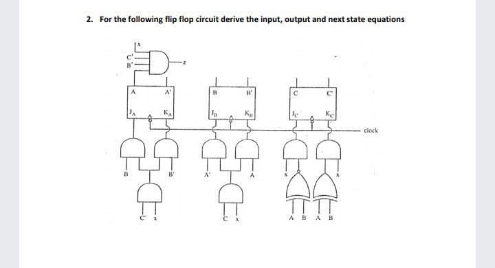 2. For the following flip flop circuit derive the input, output and next state equations
A'
B'
clock
ΤT
ABA B
