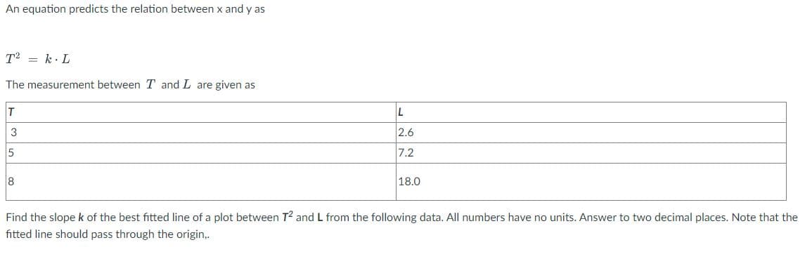 An equation predicts the relation between x and y as
T2 = k. L
The measurement between T and L are given as
3
2.6
5
7.2
8
18.0
Find the slope k of the best fitted line of a plot between T2 and L from the following data. All numbers have no units. Answer to two decimal places. Note that the
fitted line should pass through the origin,.
