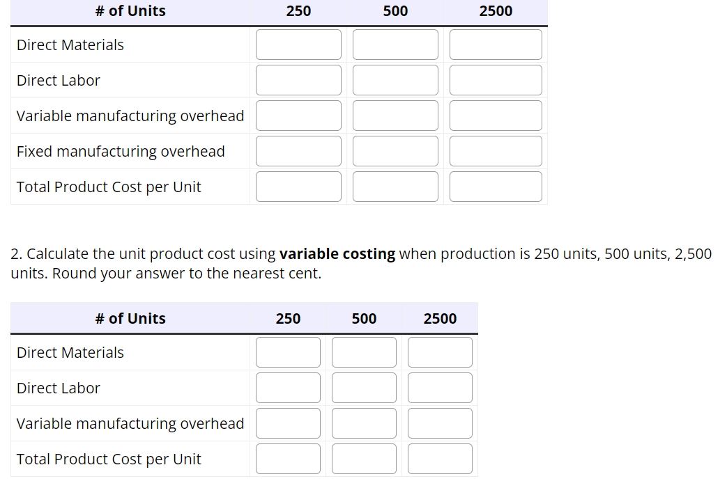 # of Units
Direct Materials
Direct Labor
Variable manufacturing overhead
Fixed manufacturing overhead
Total Product Cost per Unit
# of Units
Direct Materials
2. Calculate the unit product cost using variable costing when production is 250 units, 500 units, 2,500
units. Round your answer to the nearest cent.
Direct Labor
250
Variable manufacturing overhead
Total Product Cost per Unit
250
500
500
2500
2500