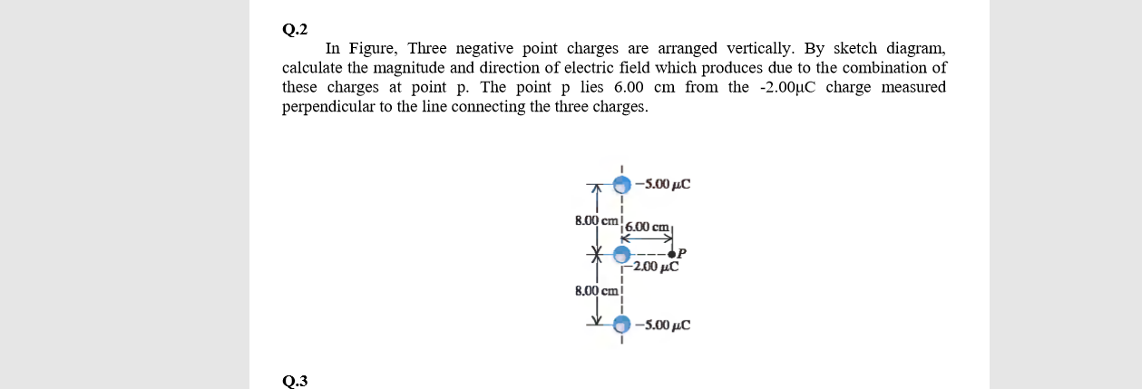 Q.2
In Figure, Three negative point charges are arranged vertically. By sketch diagram,
calculate the magnitude and direction of electric field which produces due to the combination of
these charges at point p. The point p lies 6.00 cm from the -2.00µC charge measured
perpendicular to the line connecting the three charges.
-5.00 µC
8.00 cm!
6.00 cm
-2.00 μC
8.00 cm!
-5.00 μC
