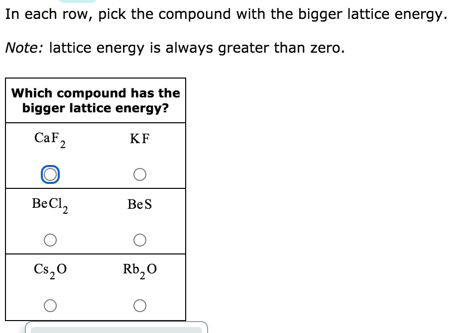 In each row, pick the compound with the bigger lattice energy.
Note: lattice energy is always greater than zero.
Which compound has the
bigger lattice energy?
CaF 2
KF
BeCl2
BeS
Cs,0
Rb,0
