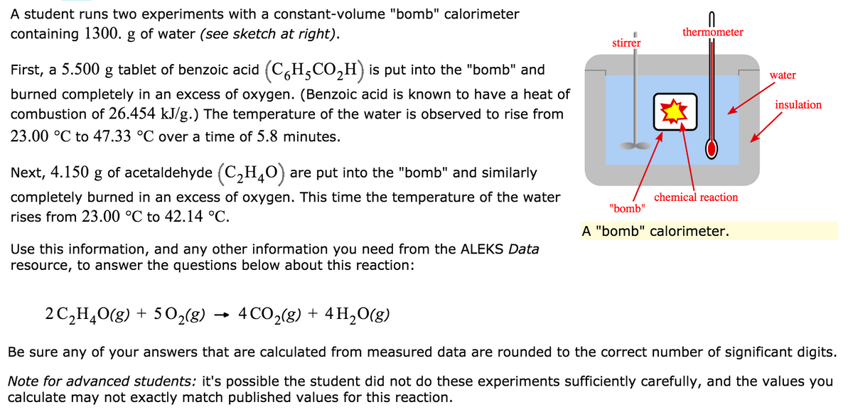 A student runs two experiments with a constant-volume "bomb" calorimeter
containing 1300. g of water (see sketch at right).
thermometer
stirrer
First, a 5.500 g tablet of benzoic acid (CH,CO,H) is put into the "bomb" and
water
burned completely in an excess of oxygen. (Benzoic acid is known to have a heat of
combustion of 26.454 kJ/g.) The temperature of the water is observed to rise from
insulation
23.00 °C to 47.33 °C over a time of 5.8 minutes.
Next, 4.150 g of acetaldehyde (C,H,0) are put into the "bomb" and similarly
completely burned in an excess of oxygen. This time the temperature of the water
rises from 23.00 °C to 42.14 °C.
chemical reaction
"bomb"
A "bomb" calorimeter.
Use this information, and any other information you need from the ALEKS Data
resource, to answer the questions below about this reaction:
2 C,H,0(g) + 50,(g) →
4 CO2(g) + 4 H20(g)
Be sure any of your answers that are calculated from measured data are rounded to the correct number of significant digits.
Note for advanced students: it's possible the student did not do these experiments sufficiently carefully, and the values you
calculate may not exactly match published values for this reaction.
