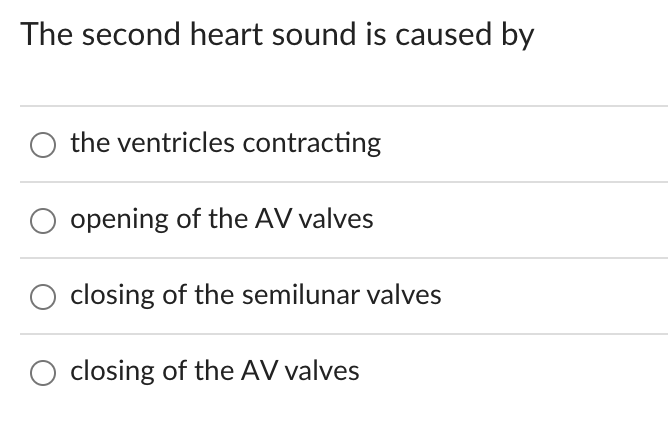 The second heart sound is caused by
the ventricles contracting
opening of the AV valves
closing of the semilunar valves
closing of the AV valves