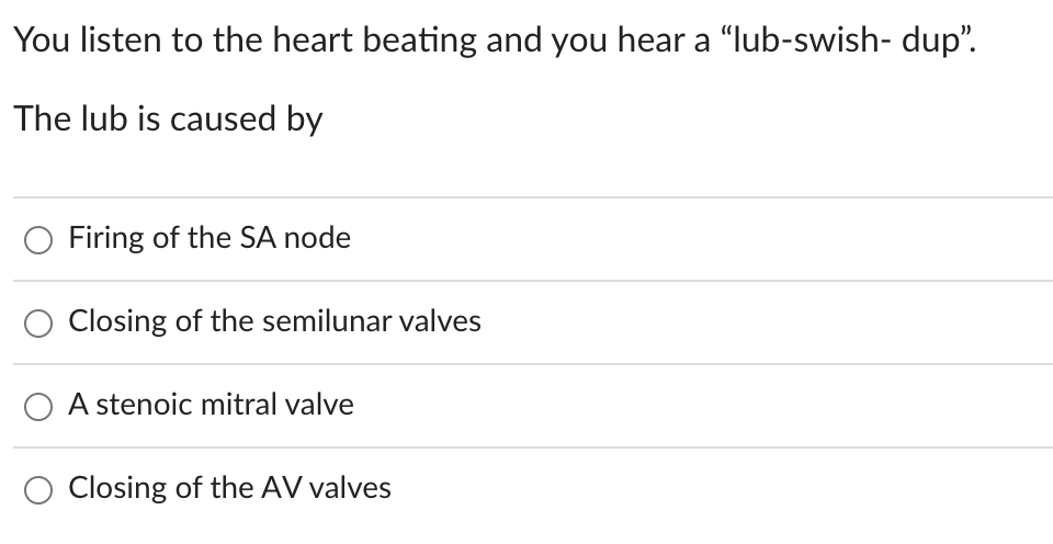You listen to the heart beating and you hear a "lub-swish- dup".
The lub is caused by
Firing of the SA node
Closing of the semilunar valves
O A stenoic mitral valve
Closing of the AV valves