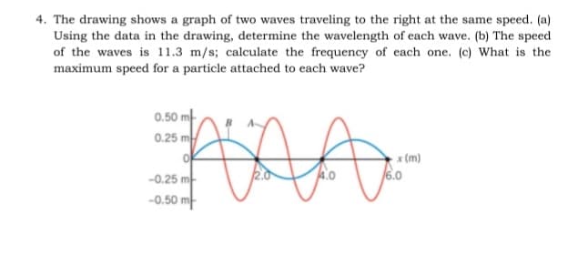 4. The drawing shows a graph of two waves traveling to the right at the same speed. (a)
Using the data in the drawing, determine the wavelength of each wave. (b) The speed
of the waves is 11.3 m/s; calculate the frequency of each one. (c) What is the
maximum speed for a particle attached to each wave?
0.50 m
0.25 m
x (m)
6.0
-0.25 m-
2.0
4.0
-0.50 m-
