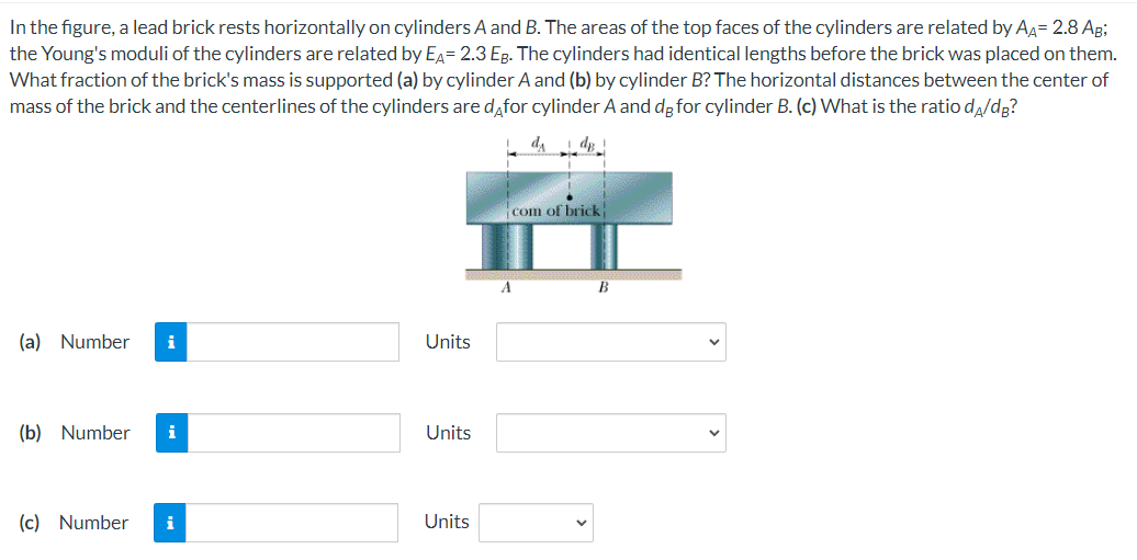 In the figure, a lead brick rests horizontally on cylinders A and B. The areas of the top faces of the cylinders are related by A4= 2.8 Ag;
the Young's moduli of the cylinders are related by Ea= 2.3 Eg. The cylinders had identical lengths before the brick was placed on them.
What fraction of the brick's mass is supported (a) by cylinder A and (b) by cylinder B? The horizontal distances between the center of
mass of the brick and the centerlines of the cylinders are dafor cylinder A and d; for cylinder B. (c) What is the ratio da/dg?
com of brick
A
(a) Number
i
Units
(b) Number
i
Units
(c) Number
i
Units
