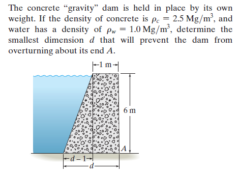 The concrete "gravity" dam is held in place by its own
weight. If the density of concrete is pc =
water has a density of pw = 1.0 Mg/m, determine the
smallest dimension d that will prevent the dam from
overturning about its end A.
2.5 Mg/m, and
m
6 m
-d-1→
p-
