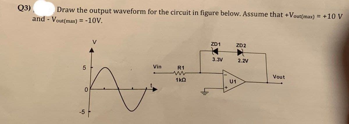 Q3)
Draw the output waveform for the circuit in figure below. Assume that +Vout(max) = +10 V
and - Vout(max) = -10V.
ZD1
ZD2
Vin
5
R1
ww
Vout
1kQ
-5
0
3.3V
+
U1
2.2V