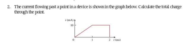 2. The current flowing past a point in a device is shown in the graph below. Calculate the total charge
through the point.
i (mA)
10
0
2 (ms)